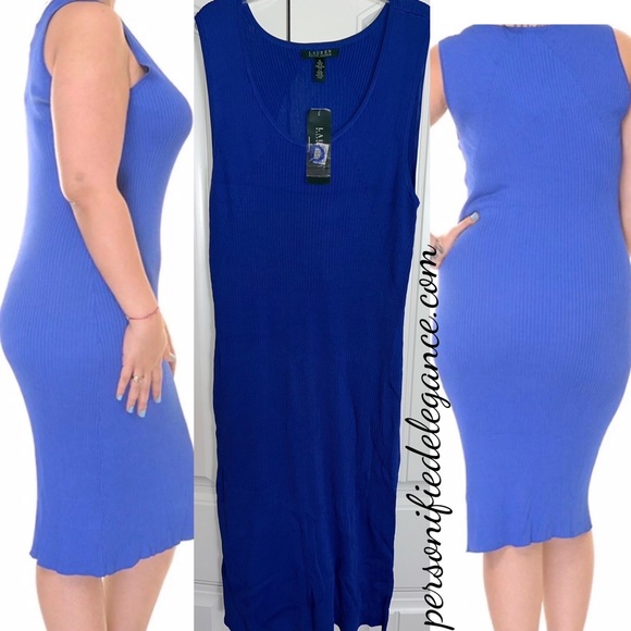 NEW Lauren Ralph Lauren Blue Ribbed Knit Sleeveless Knee Length Dress Size XL - Picture 13 of 13